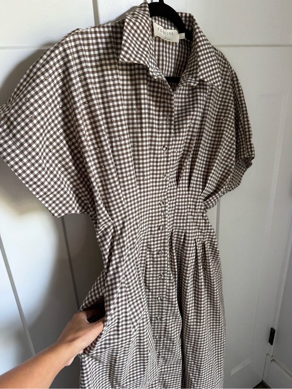 Anthropologie Exquise Tobie Studded shirt dress in brown and white gingham. S. - Picture 10 of 13